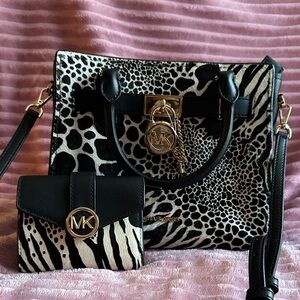 Michael Kors Black and White Animal Print Satchel and Wallet